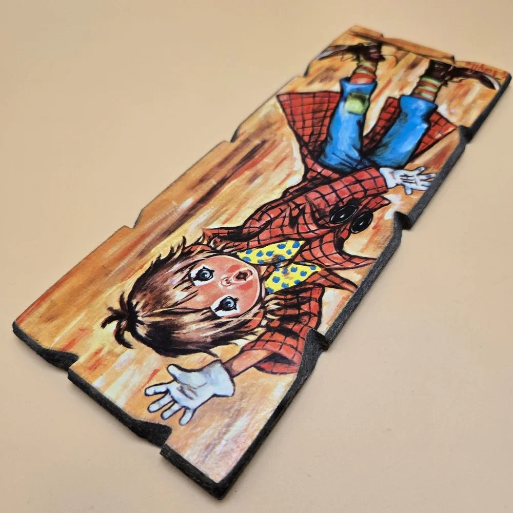 Vintage Idylle Italy Wood Wall Plaque Mid Century Boy Plaid Coat Art
